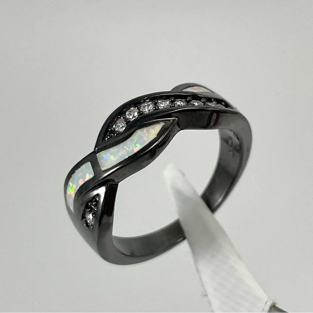 White Faux Fire Opal Diamond CZ Black Gold Plated Gothic Punk Punk Band